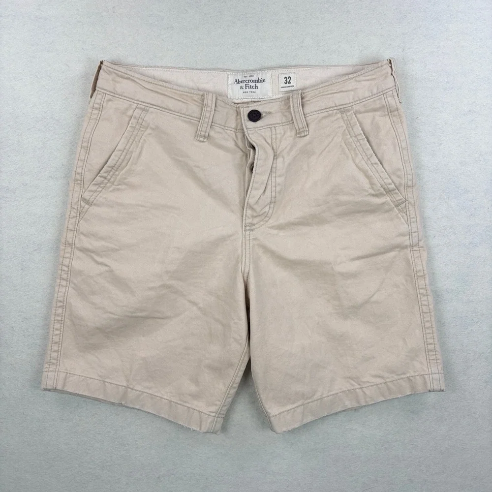 VTG Abercrombie & Fitch Mens Khaki Tan Cotton Twill Button Fly Chino Shorts 32